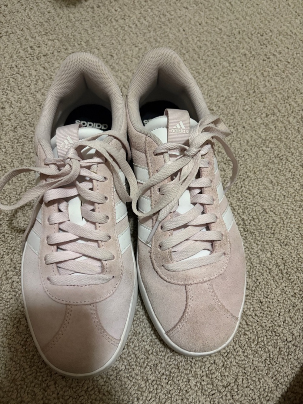 adidas Women's Light Pink Suede Sneakers with White Stripes